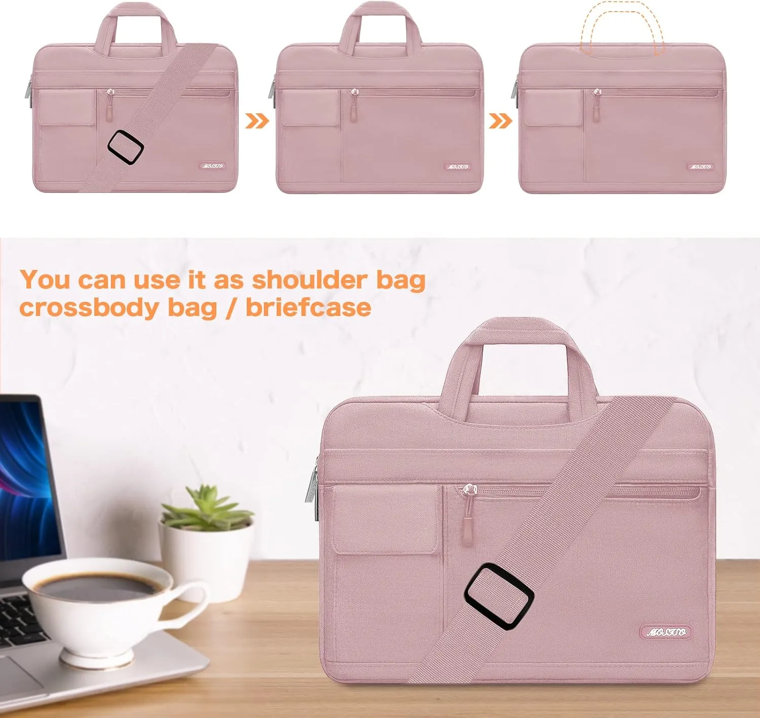 MOSISO Laptop Shoulder Bag Compatible with MacBook Pro 16 inch 2023-2019 M3 A2991 M2 A2780 M1 A2485 A2141/Pro 15 A1398,15-15.6 inch Notebook,Polyester Flapover Briefcase Sleeve Case, Baby Pink