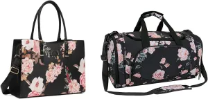 MOSISO Laptop Tote Bag Compatible with 15-15.6 inch Notebook, Peony Waterproof PU Leather Travel Work Briefcase with Adjustable PU Handle&Sports Duffel Peony Gym Bag with Shoe Compartment, Black