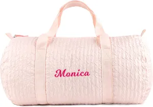 MT WORLD Kids Duffle Bags Personalized Toddler Girls Dance Bag with Name Monogrammed Seersucker Overnight Barrel Duffle for Weekender Travel Daycare Custom Child Baby Shower Gifts (Pink)
