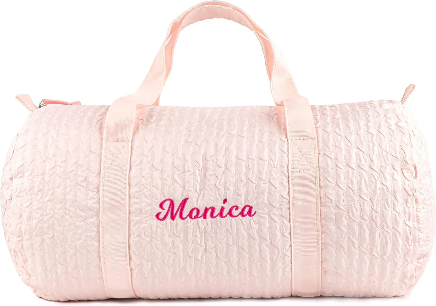 MT WORLD Kids Duffle Bags Personalized Toddler Girls Dance Bag with Name Monogrammed Seersucker Overnight Barrel Duffle for Weekender Travel Daycare Custom Child Baby Shower Gifts (Pink)