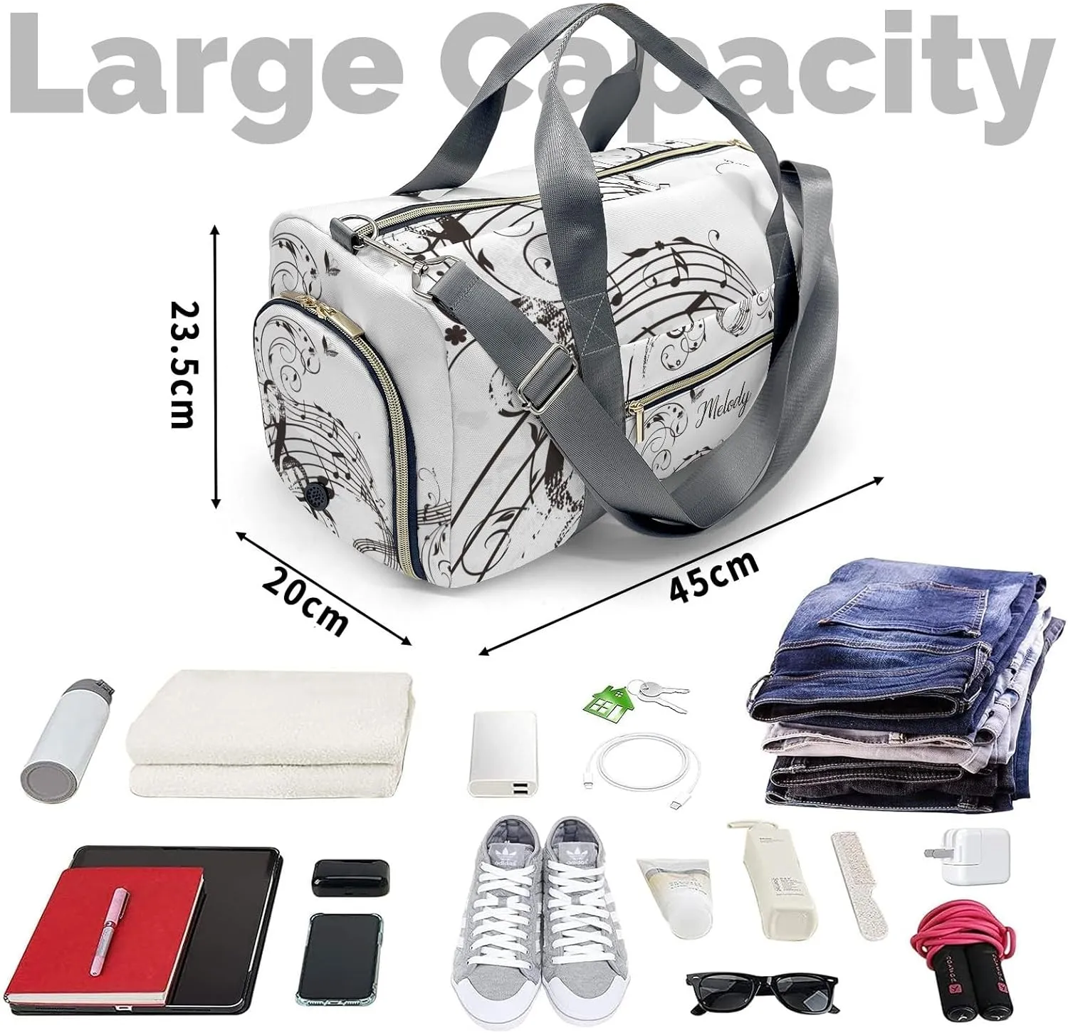 Muisc Notes Personalized Duffel Bag,Custom Travel Gym Bag with Name,Waterproof Sports Overnight Bag with Shoe Compartment & Shoulder Strap