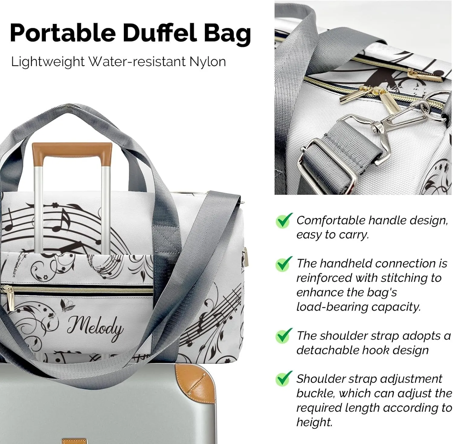 Muisc Notes Personalized Duffel Bag,Custom Travel Gym Bag with Name,Waterproof Sports Overnight Bag with Shoe Compartment & Shoulder Strap