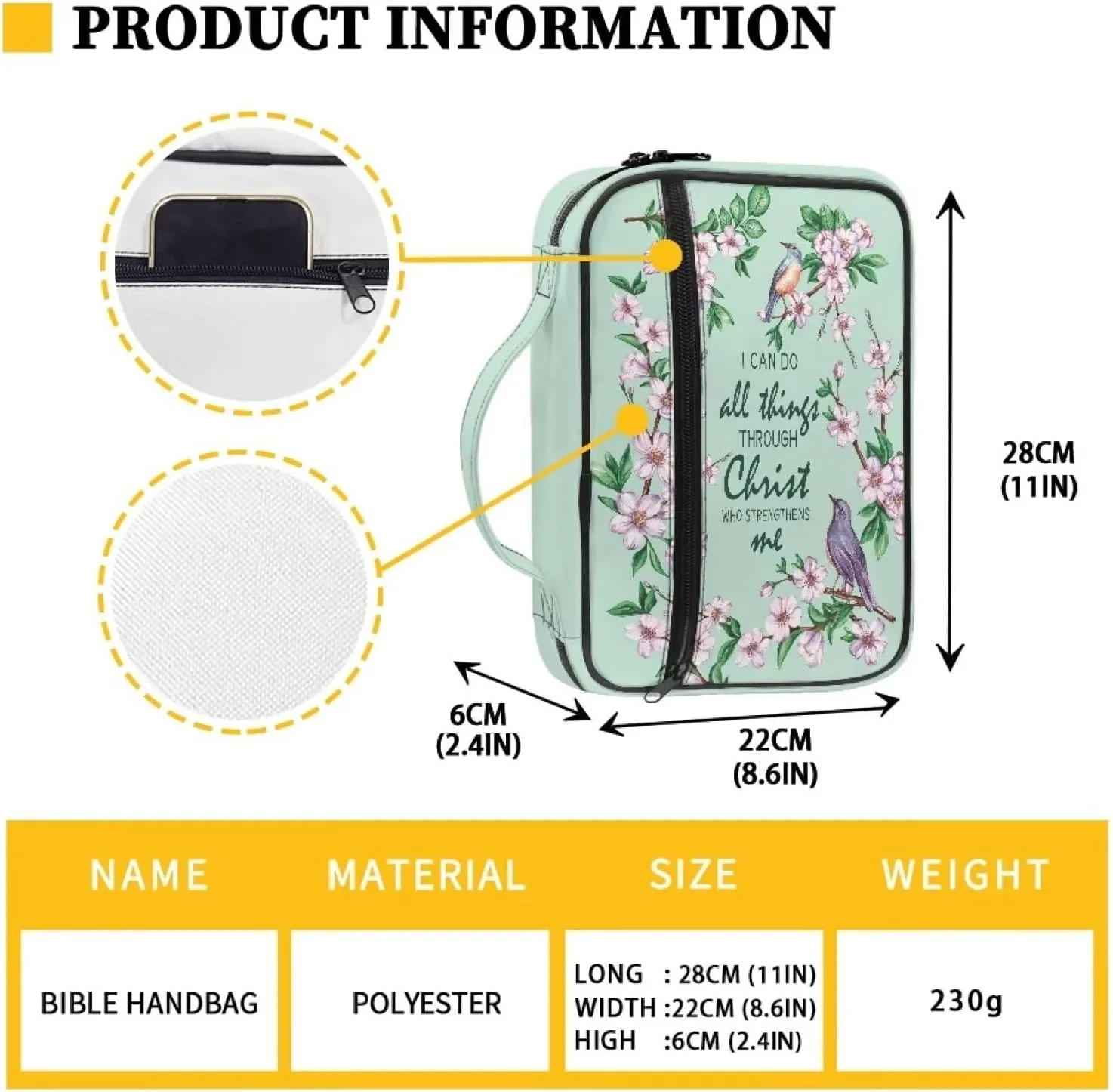 Mumeson Bird Floral Bible Cover Multiuse Stationary Pouch Storager for Pens Scratches Resistant Bible Case Storage Tote Bag for Women Ladies Bible Study Supplies Organizer