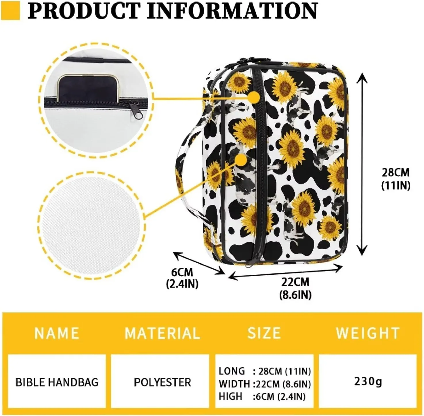 Mumeson Cow Print Sunflower Bible Cover Large Capacity Study Scripture Bible Pouch Bible Study Supplies Carrier Study Church Bag for Women Portable Carrying Book Case