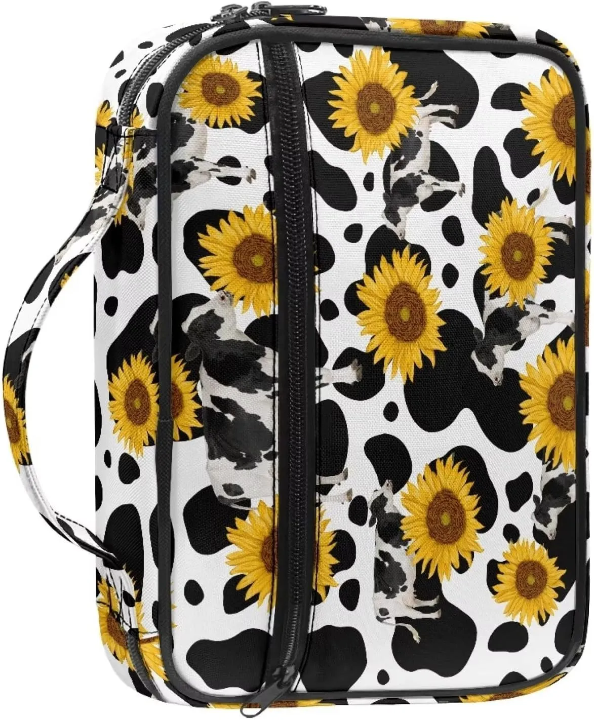 Mumeson Cow Print Sunflower Bible Cover Large Capacity Study Scripture Bible Pouch Bible Study Supplies Carrier Study Church Bag for Women Portable Carrying Book Case