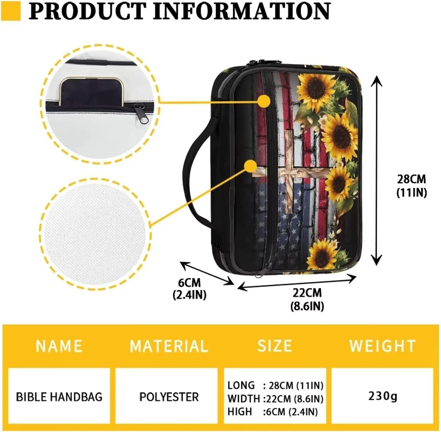 Mumeson Flag Sunflower Cross Bible Cover Large Capacity Inner Pockets Bible Carrier Pattern Bible Tabs Holder for Women Men Large Capacity Bible Highlighter and Pens Carrier