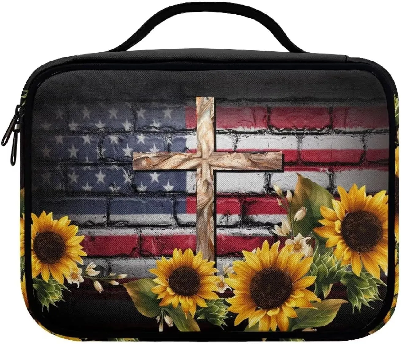 Mumeson Flag Sunflower Cross Bible Cover Large Capacity Inner Pockets Bible Carrier Pattern Bible Tabs Holder for Women Men Large Capacity Bible Highlighter and Pens Carrier