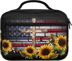 Mumeson Flag Sunflower Cross Bible Cover Large Capacity Inner Pockets Bible Carrier Pattern Bible Tabs Holder for Women Men Large Capacity Bible Highlighter and Pens Carrier