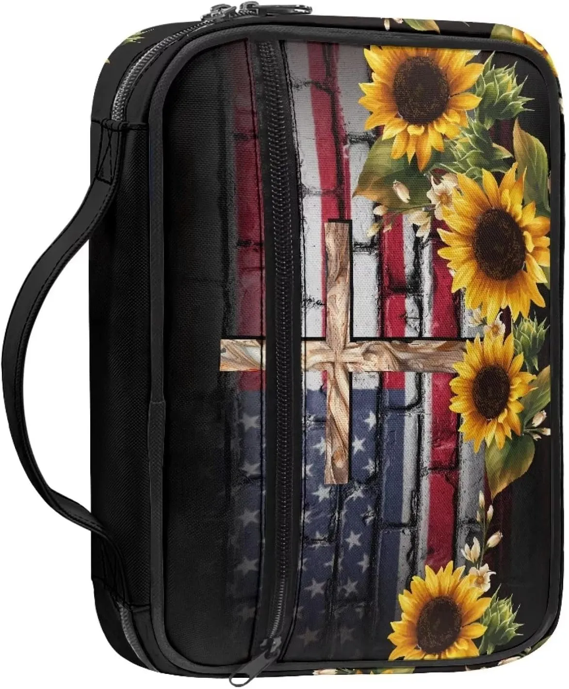 Mumeson Flag Sunflower Cross Bible Cover Large Capacity Inner Pockets Bible Carrier Pattern Bible Tabs Holder for Women Men Large Capacity Bible Highlighter and Pens Carrier