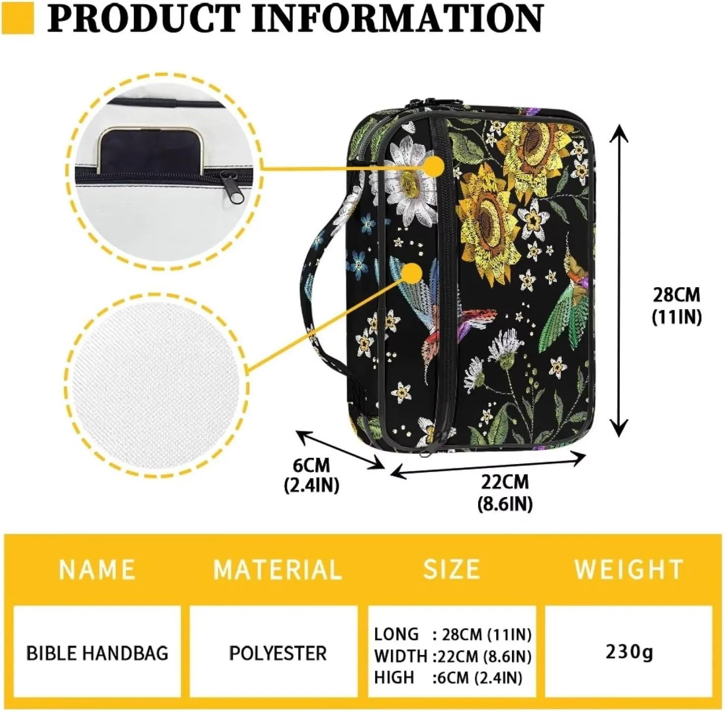 Mumeson Hummingbird Bible Cover for Women Daily Bible Case with Smooth Zipper Church Tote Organizer Bible Protector Case with Large Capacity Journaling Storaging Organizer