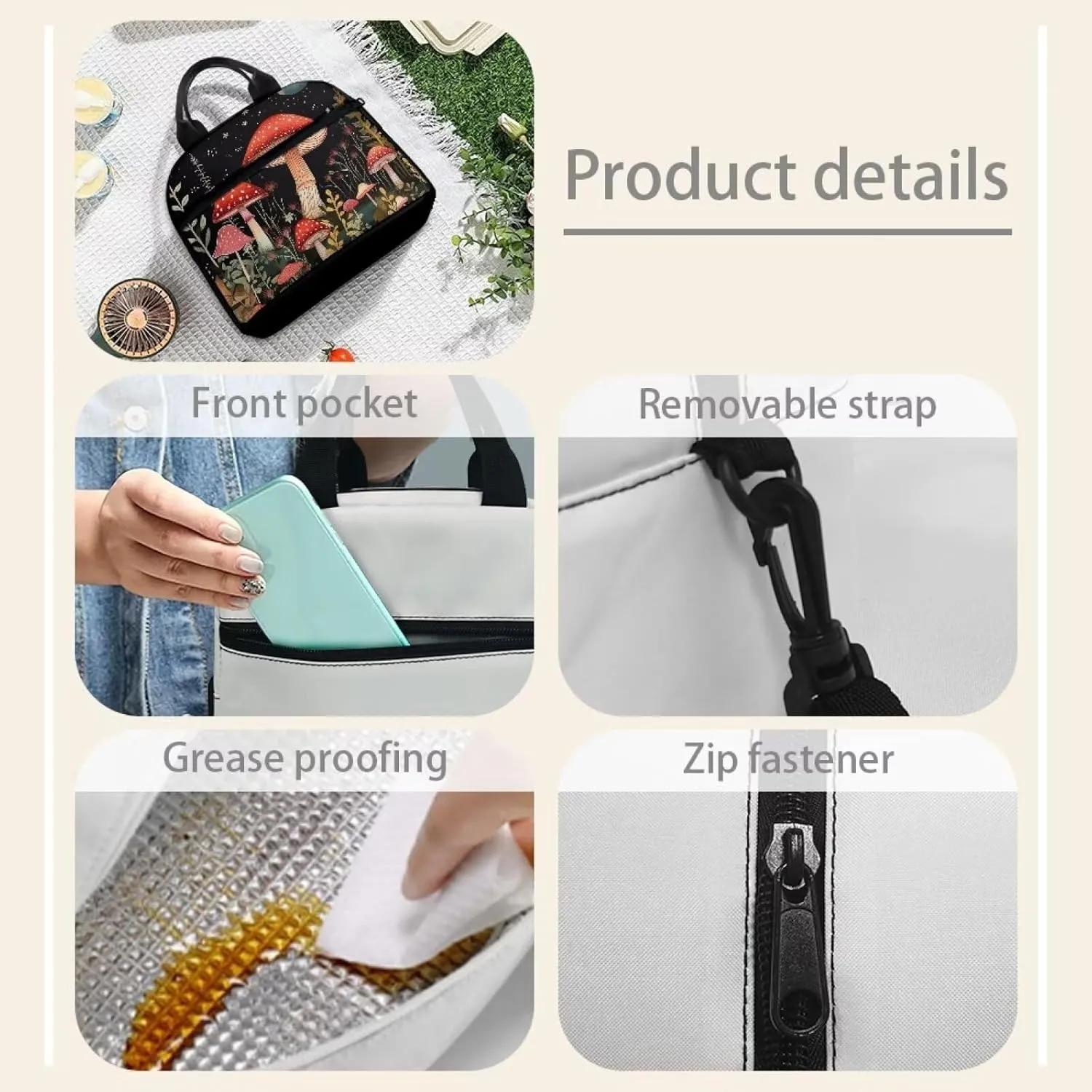 Mushroom Lunch Bag for Women Teen Girls Insulated Lunch Box Reusable Lunchbag Cooler Sack Food Organzier Shoulder Handbag Storage Pouch Travel Work School Picnic