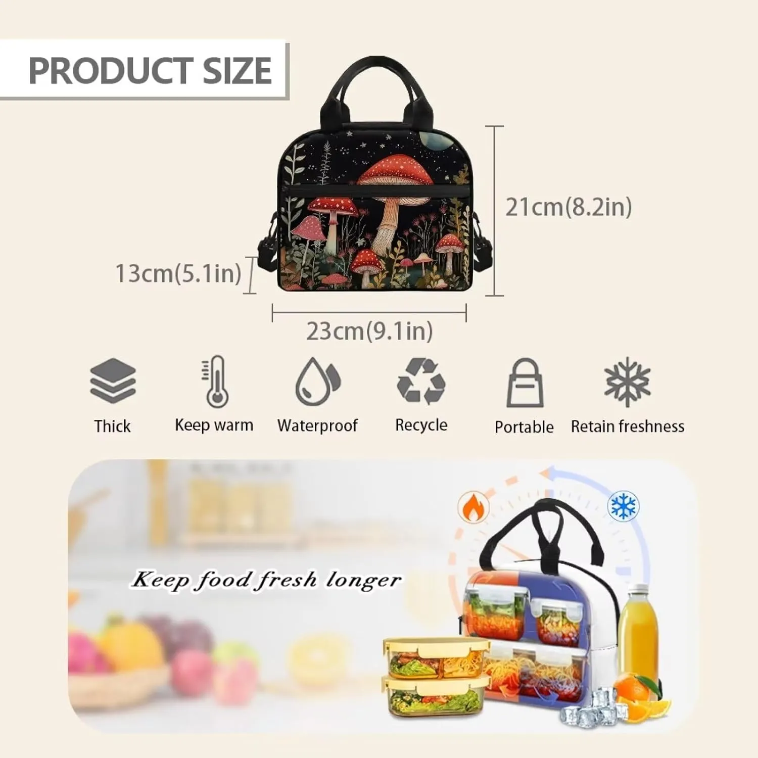 Mushroom Lunch Bag for Women Teen Girls Insulated Lunch Box Reusable Lunchbag Cooler Sack Food Organzier Shoulder Handbag Storage Pouch Travel Work School Picnic