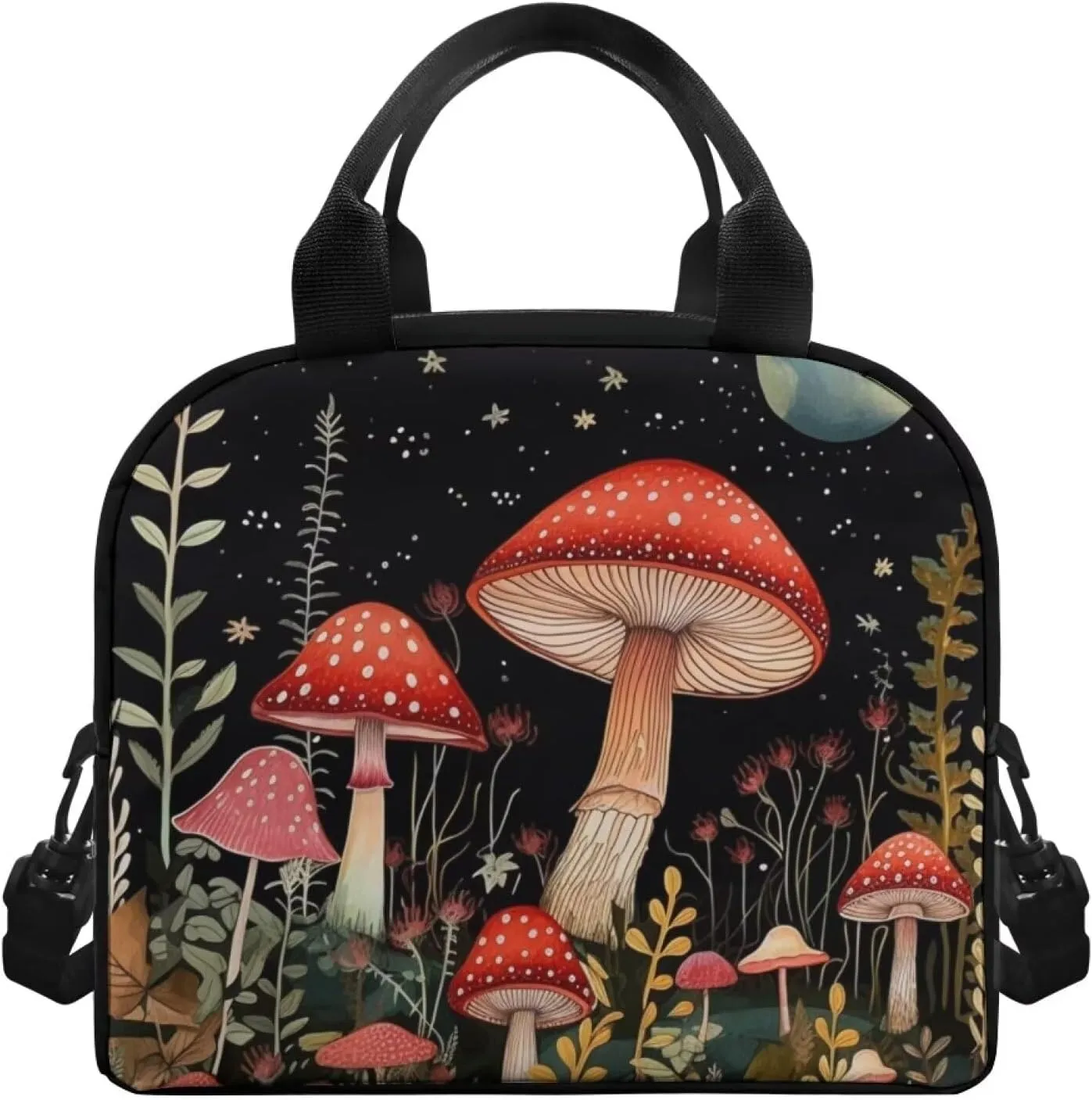 Mushroom Lunch Bag for Women Teen Girls Insulated Lunch Box Reusable Lunchbag Cooler Sack Food Organzier Shoulder Handbag Storage Pouch Travel Work School Picnic