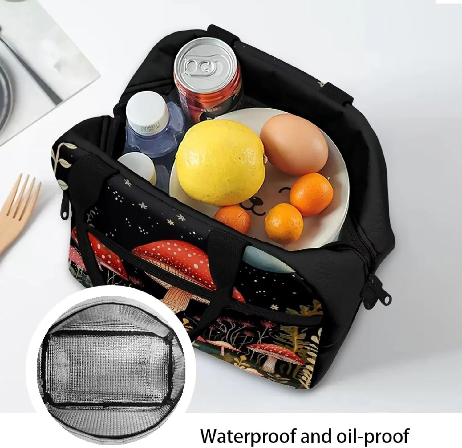 Mushroom Lunch Bag for Women Teen Girls Insulated Lunch Box Reusable Lunchbag Cooler Sack Food Organzier Shoulder Handbag Storage Pouch Travel Work School Picnic