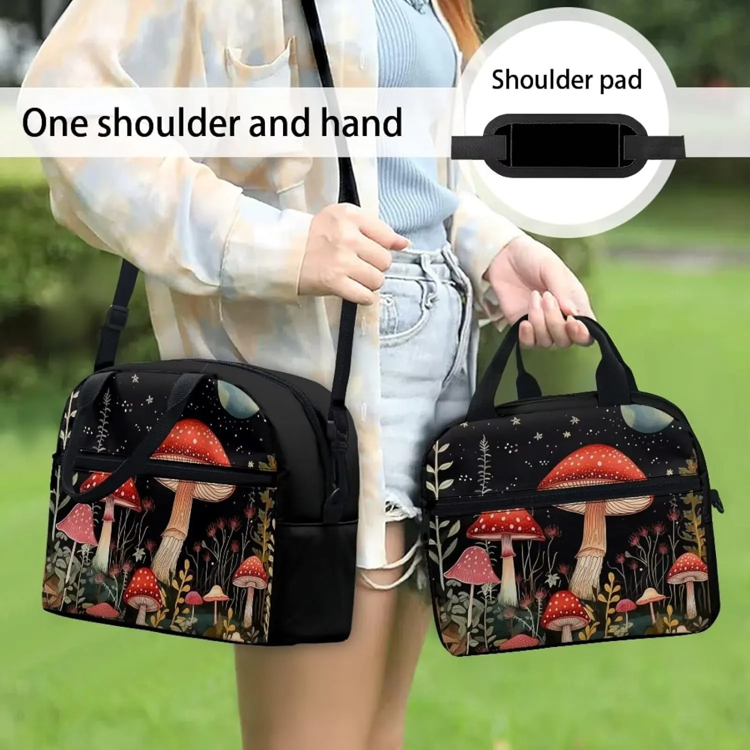 Mushroom Lunch Bag for Women Teen Girls Insulated Lunch Box Reusable Lunchbag Cooler Sack Food Organzier Shoulder Handbag Storage Pouch Travel Work School Picnic