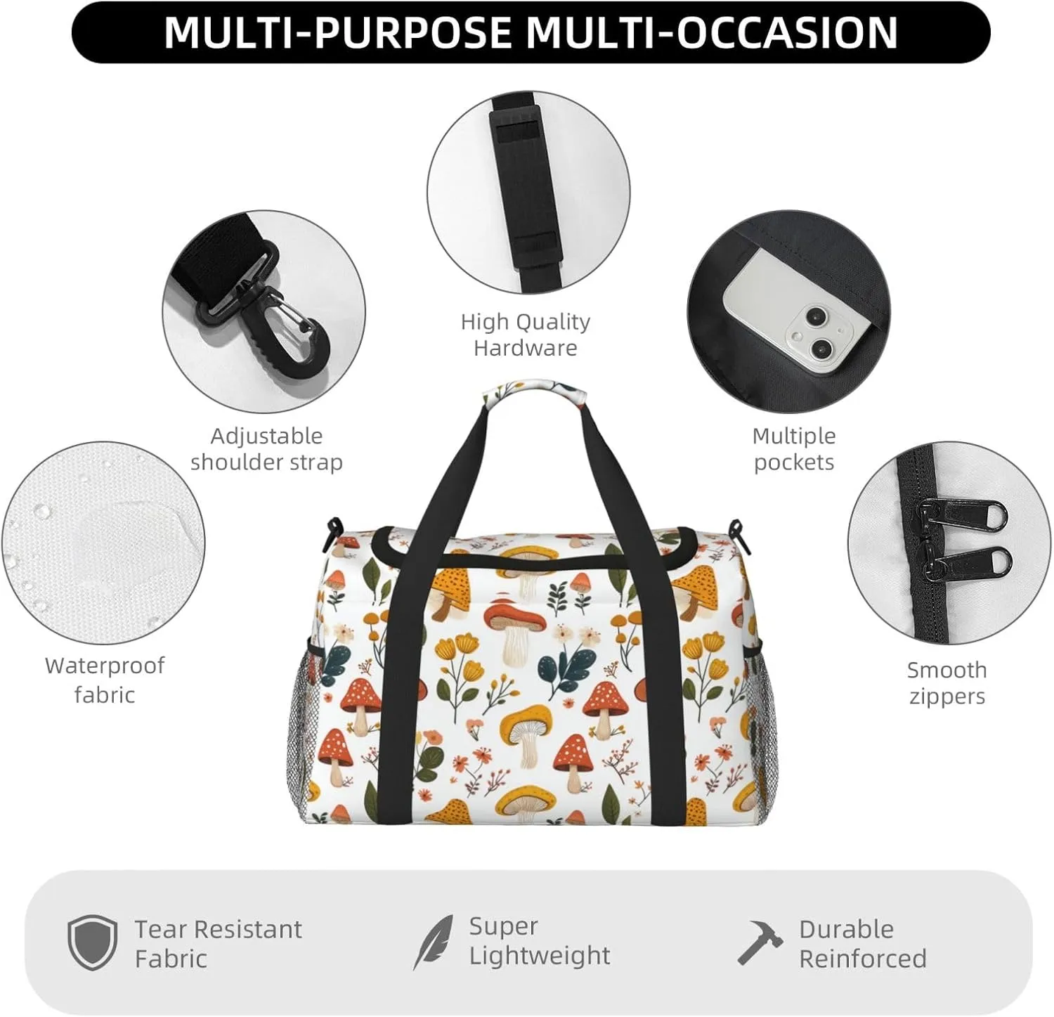 Mushrooms Floral Duffle Bag Foldable Travel Tote Bag Carry On Large Weekender Overnight Bags Waterproof Gym Bag For Women Men