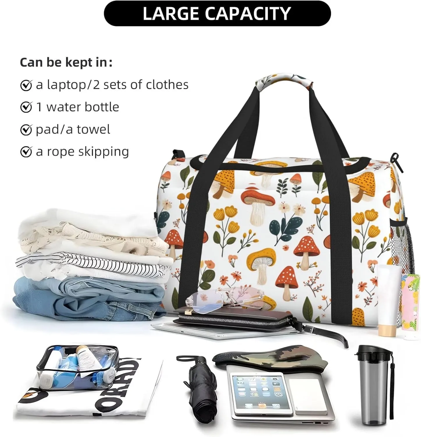 Mushrooms Floral Duffle Bag Foldable Travel Tote Bag Carry On Large Weekender Overnight Bags Waterproof Gym Bag For Women Men
