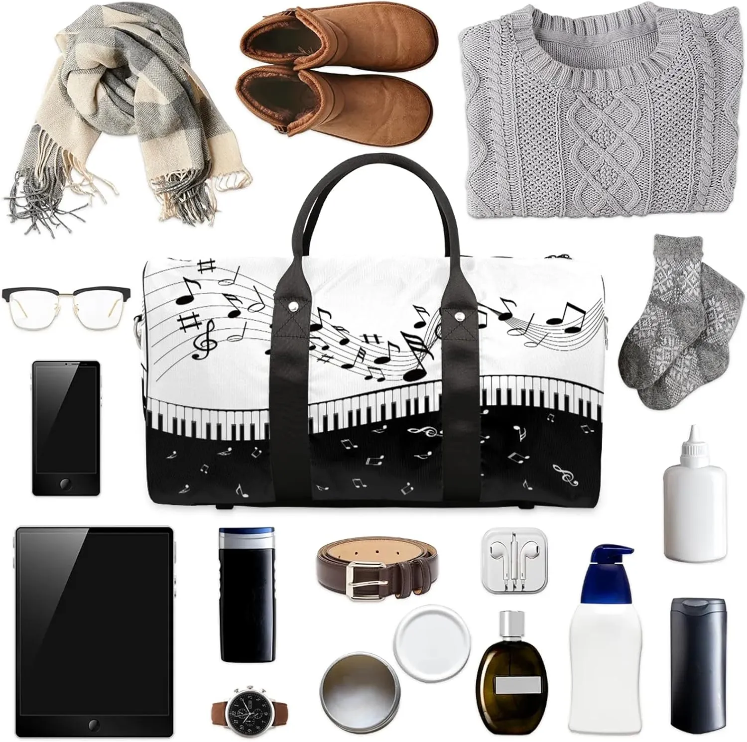 Musical Notes Piano Key Travel Duffle Bag for Women Men, Carry On Overnight Bag, Weekend Travel Duffel Tote Bags for Trips Sport Hospital