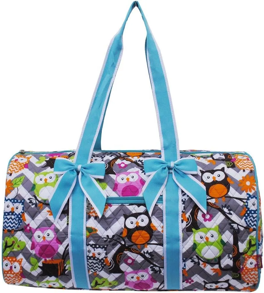 N. Gil Owl Chevron Large Quilted Duffel Bag - Grey with Blue Trim