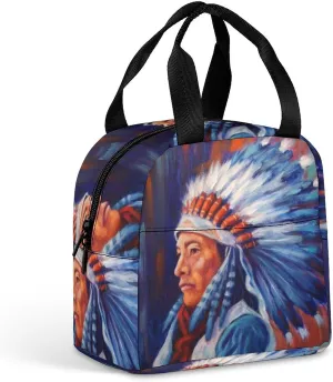 Native Indian Chief Reusable Lunch Bento Box Insulated Portable Handbags for Office Work Picnic for Men Women