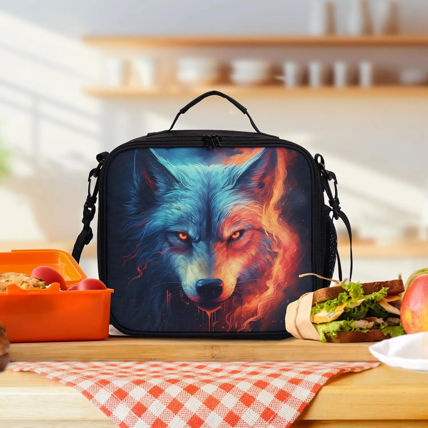 Nerxy Wolf Insulated Lunch Bag Cool Ice Fire Wolf Lunchbox Large Capacity Thermal Cooler for Men Women Kids Reusable Lunch Tote for School Camping Hiking Picnic Beach Travel