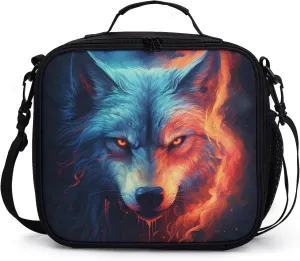 Nerxy Wolf Insulated Lunch Bag Cool Ice Fire Wolf Lunchbox Large Capacity Thermal Cooler for Men Women Kids Reusable Lunch Tote for School Camping Hiking Picnic Beach Travel