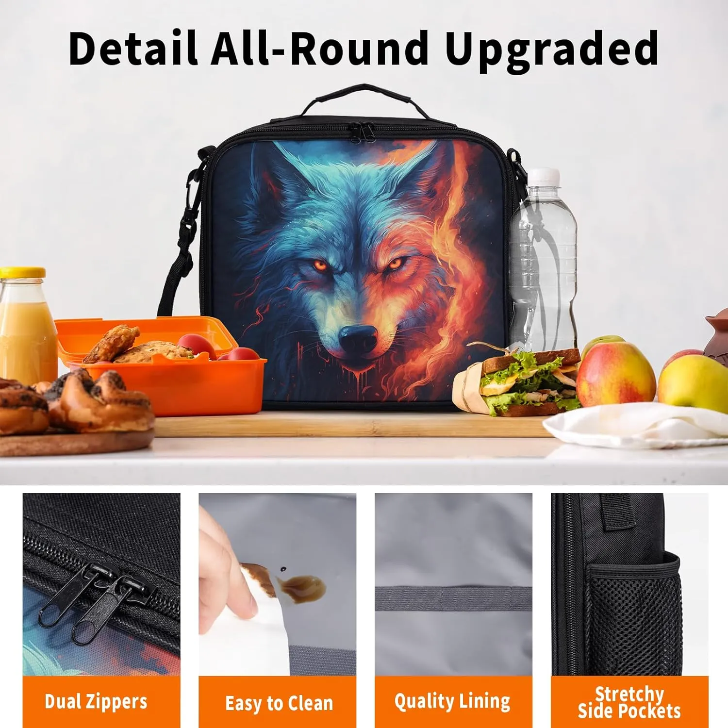 Nerxy Wolf Insulated Lunch Bag Cool Ice Fire Wolf Lunchbox Large Capacity Thermal Cooler for Men Women Kids Reusable Lunch Tote for School Camping Hiking Picnic Beach Travel