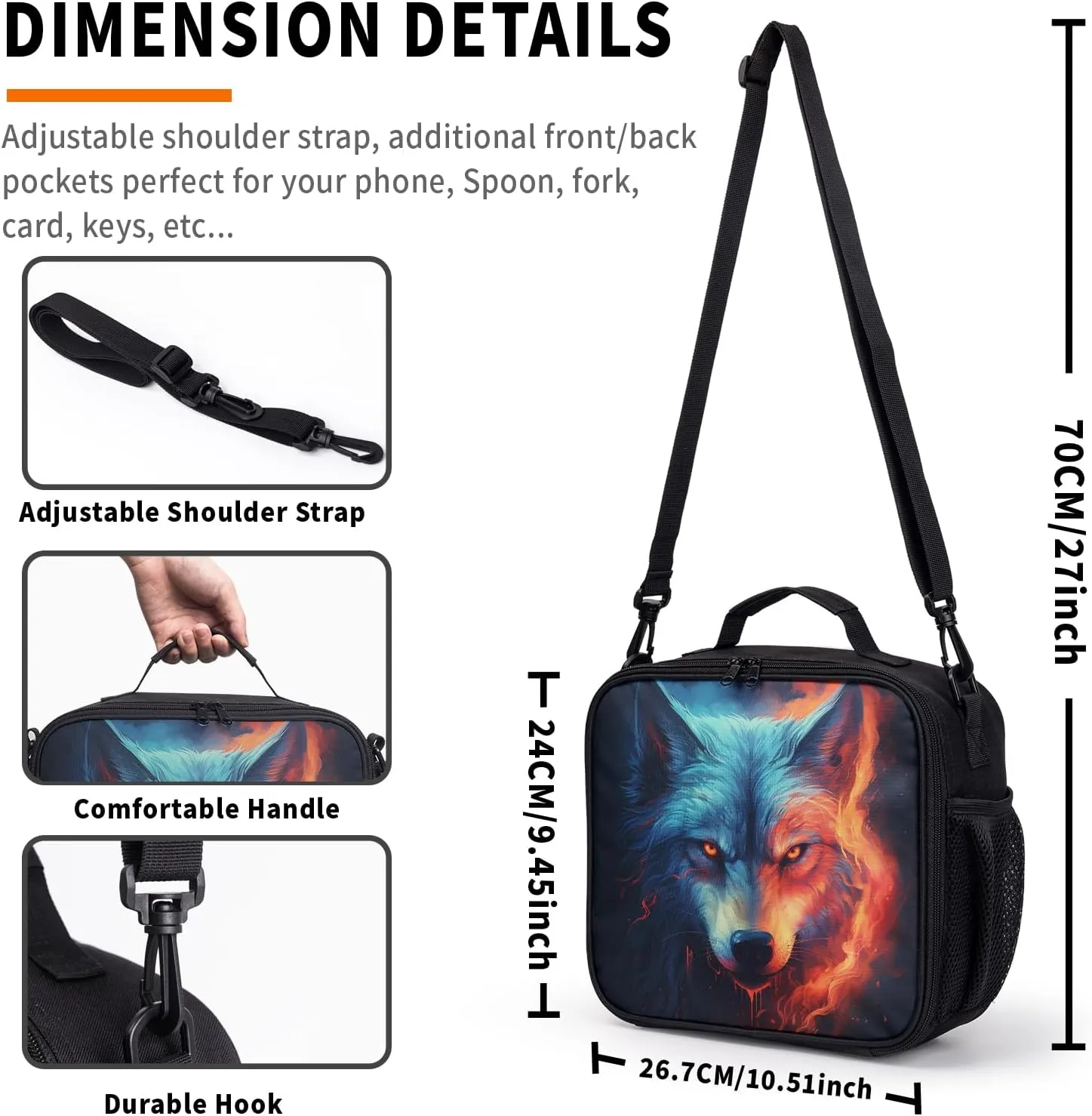 Nerxy Wolf Insulated Lunch Bag Cool Ice Fire Wolf Lunchbox Large Capacity Thermal Cooler for Men Women Kids Reusable Lunch Tote for School Camping Hiking Picnic Beach Travel