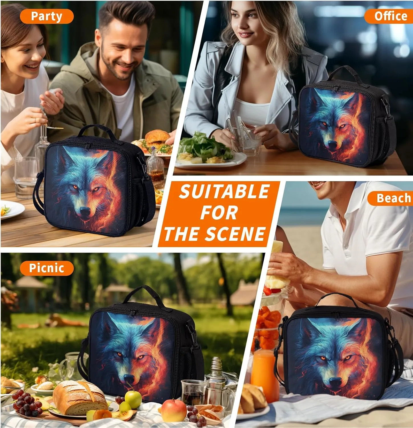 Nerxy Wolf Insulated Lunch Bag Cool Ice Fire Wolf Lunchbox Large Capacity Thermal Cooler for Men Women Kids Reusable Lunch Tote for School Camping Hiking Picnic Beach Travel