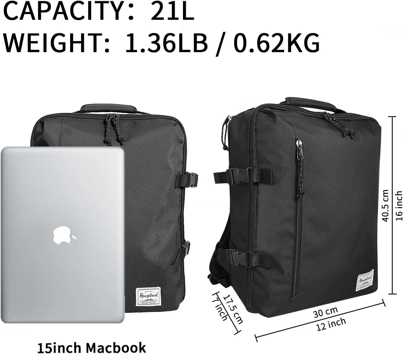 New Business Trip Backpack 21L Flight Approved Carry on Daypack 15-inch Laptop Notebook, Travel Commute Gym Sport, All Black
