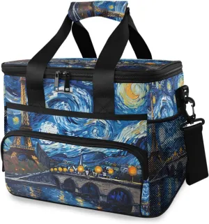 Night Paris Oil Painting Starry Sky Cooler Bag Insulated Cooler Soft Sided Cooler 24 Can Portable Picnic Bag Large Leakproof Lunch Bag Box for Beach Grocery Camping Travel Car Men Women