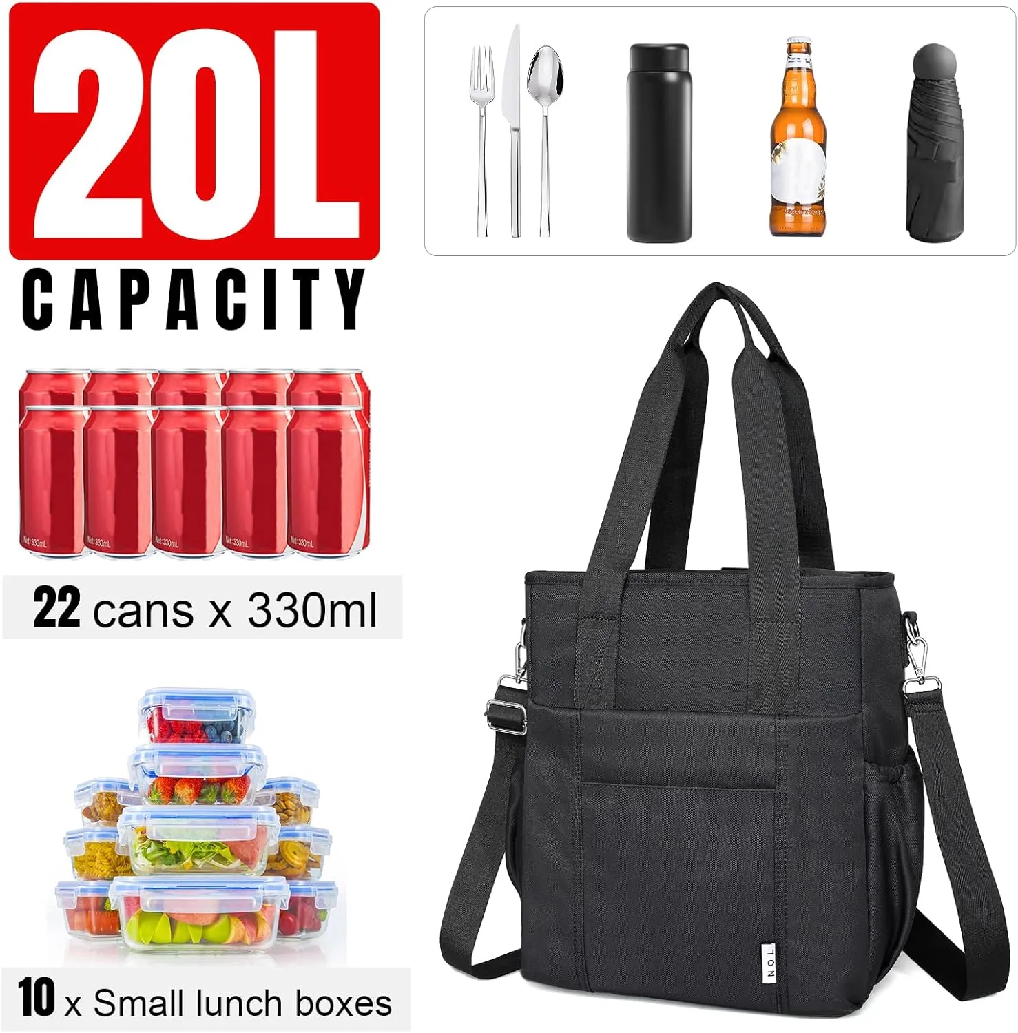 NOL Insulated Lunch Bag for Women, Large Spacious Lunch Tote Bag With Removable Adjustable Shoulder Strap with Multi Pockets,Leakproof Cooler Bag,Lightweight Nylon Waterproof Lunch Box For Work,Black