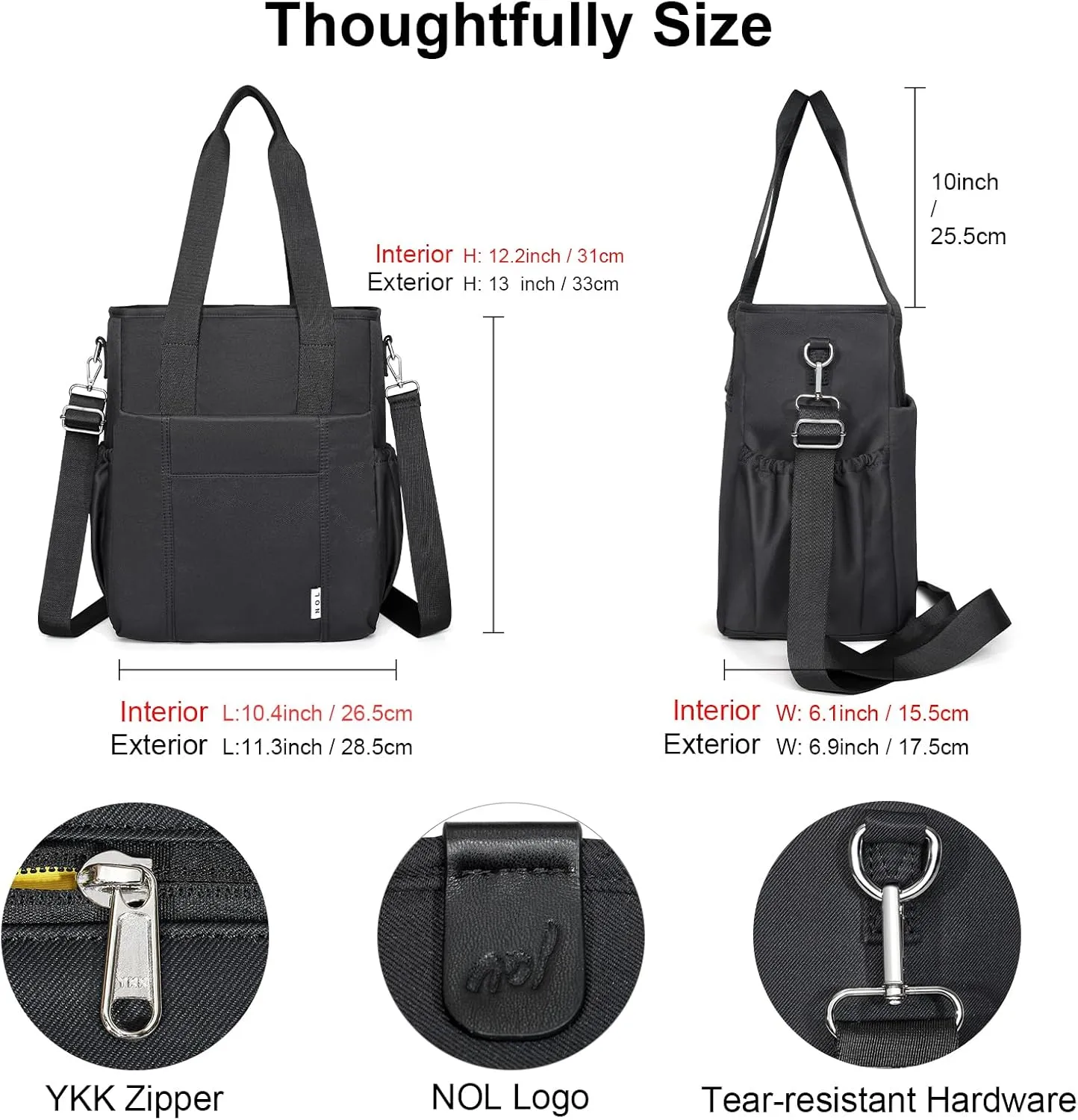 NOL Insulated Lunch Bag for Women, Large Spacious Lunch Tote Bag With Removable Adjustable Shoulder Strap with Multi Pockets,Leakproof Cooler Bag,Lightweight Nylon Waterproof Lunch Box For Work,Black