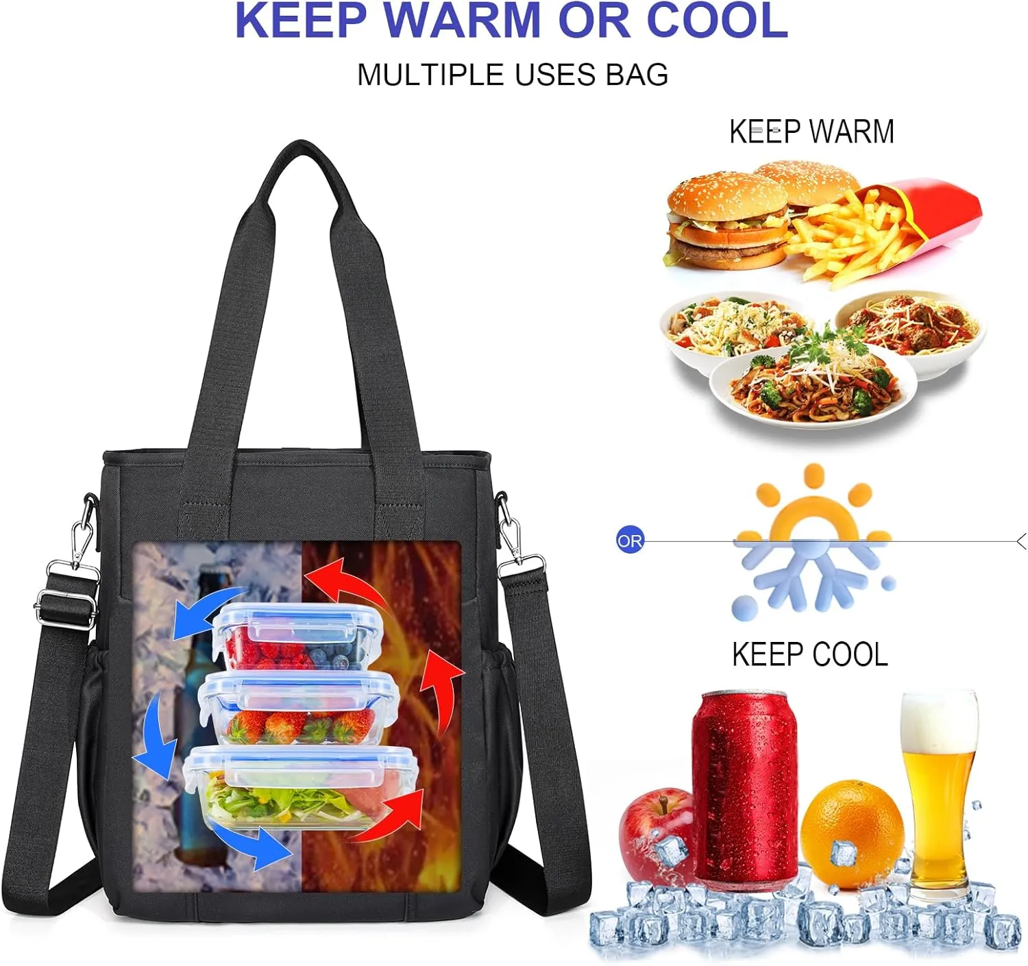 NOL Insulated Lunch Bag for Women, Large Spacious Lunch Tote Bag With Removable Adjustable Shoulder Strap with Multi Pockets,Leakproof Cooler Bag,Lightweight Nylon Waterproof Lunch Box For Work,Black