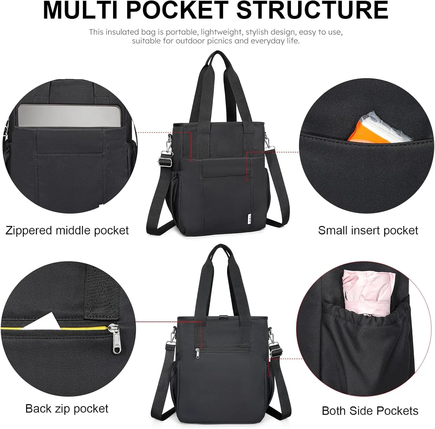 NOL Insulated Lunch Bag for Women, Large Spacious Lunch Tote Bag With Removable Adjustable Shoulder Strap with Multi Pockets,Leakproof Cooler Bag,Lightweight Nylon Waterproof Lunch Box For Work,Black