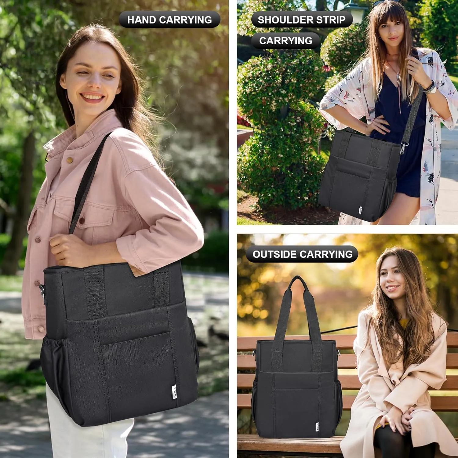 NOL Insulated Lunch Bag for Women, Large Spacious Lunch Tote Bag With Removable Adjustable Shoulder Strap with Multi Pockets,Leakproof Cooler Bag,Lightweight Nylon Waterproof Lunch Box For Work,Black