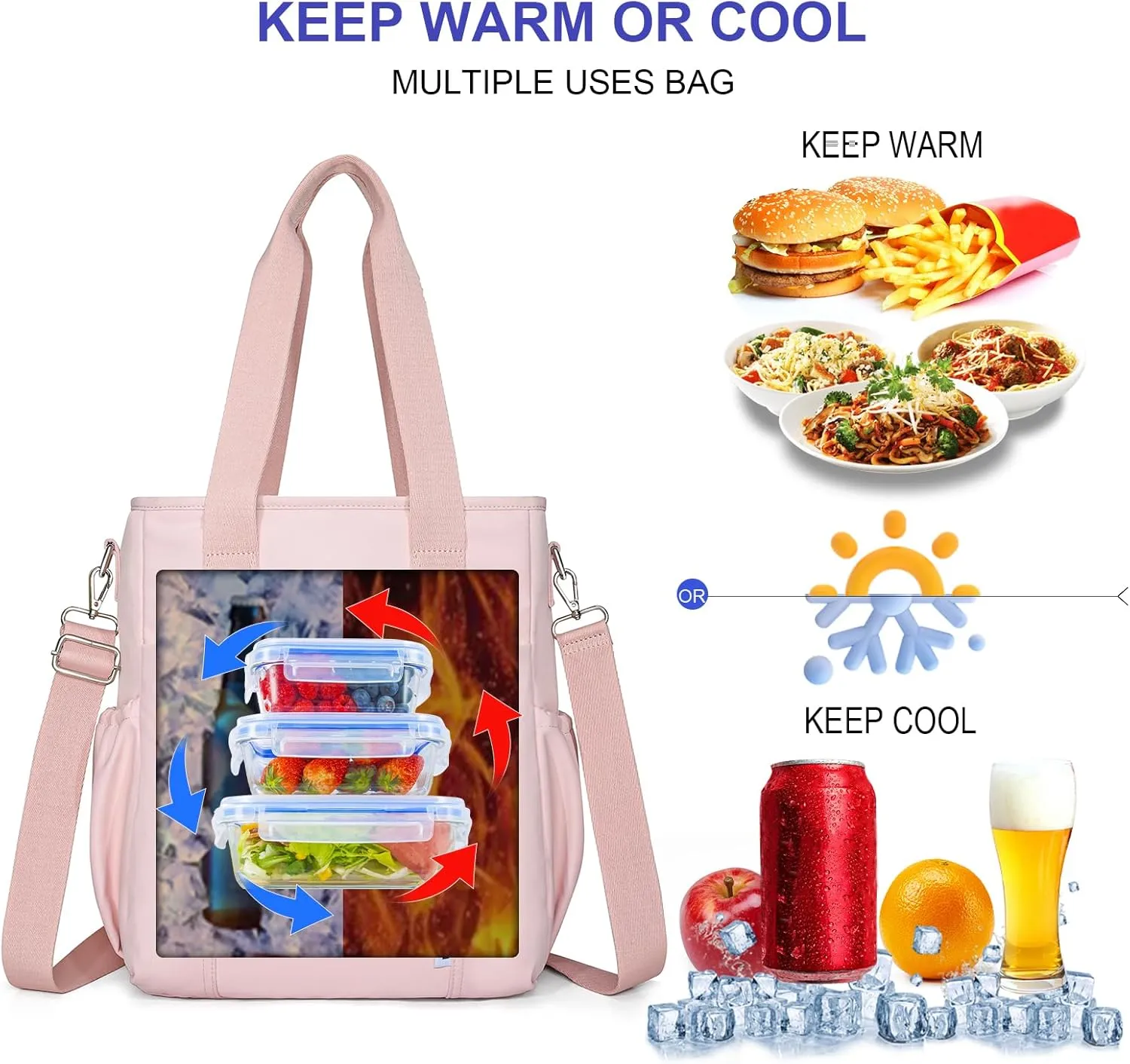 NOL Insulated Lunch Bag for Women, Large Spacious Lunch Tote Bag With Removable Adjustable Shoulder Strap with Multi Pockets,Leakproof Cooler Bag,Lightweight Nylon Waterproof Lunch Box For Work,Pink