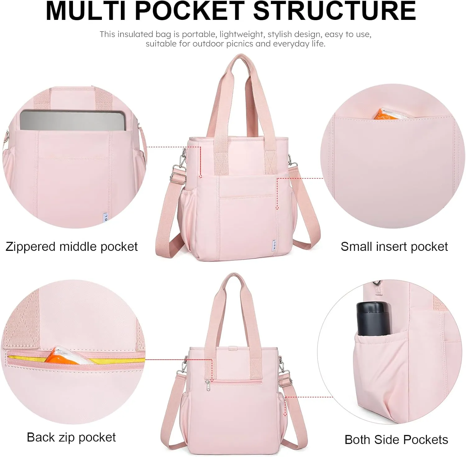 NOL Insulated Lunch Bag for Women, Large Spacious Lunch Tote Bag With Removable Adjustable Shoulder Strap with Multi Pockets,Leakproof Cooler Bag,Lightweight Nylon Waterproof Lunch Box For Work,Pink
