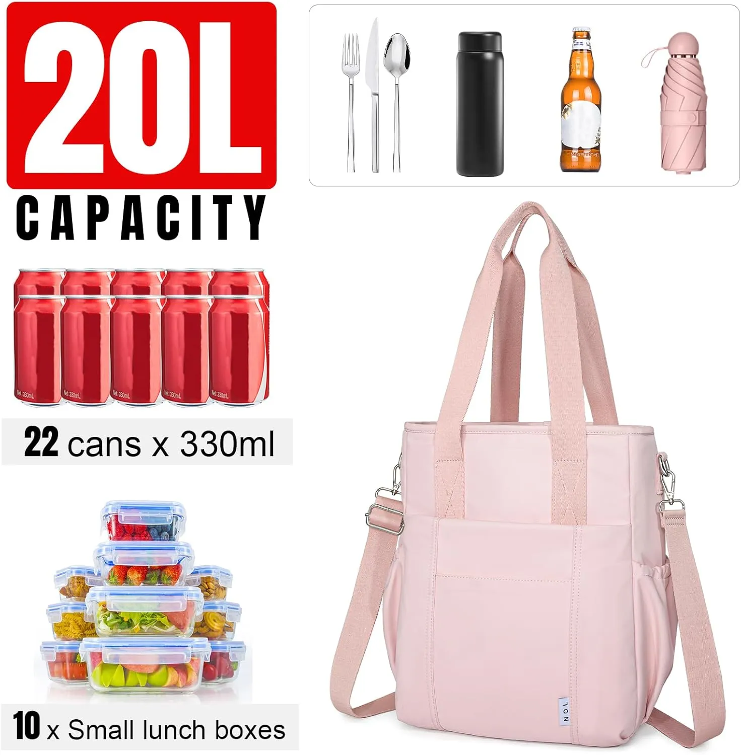 NOL Insulated Lunch Bag for Women, Large Spacious Lunch Tote Bag With Removable Adjustable Shoulder Strap with Multi Pockets,Leakproof Cooler Bag,Lightweight Nylon Waterproof Lunch Box For Work,Pink