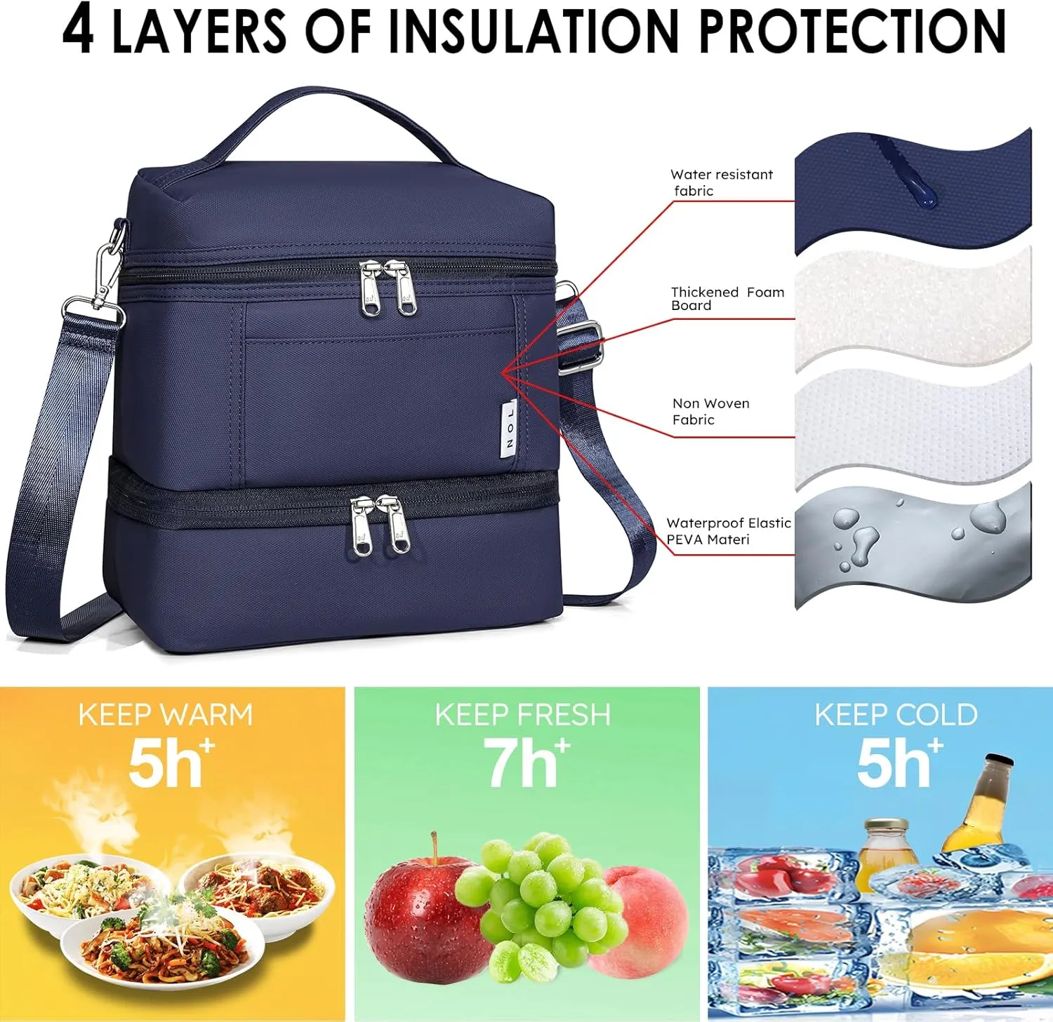 NOL Natural Organic Lifestyle Large Dual Compartment Insulated Lunch Bag for Women/Men Lightweight Nylon Waterproof Lunch Box Leakproof Cooler Tote Bag with Adjustable Shoulder Strap for Work, Navy