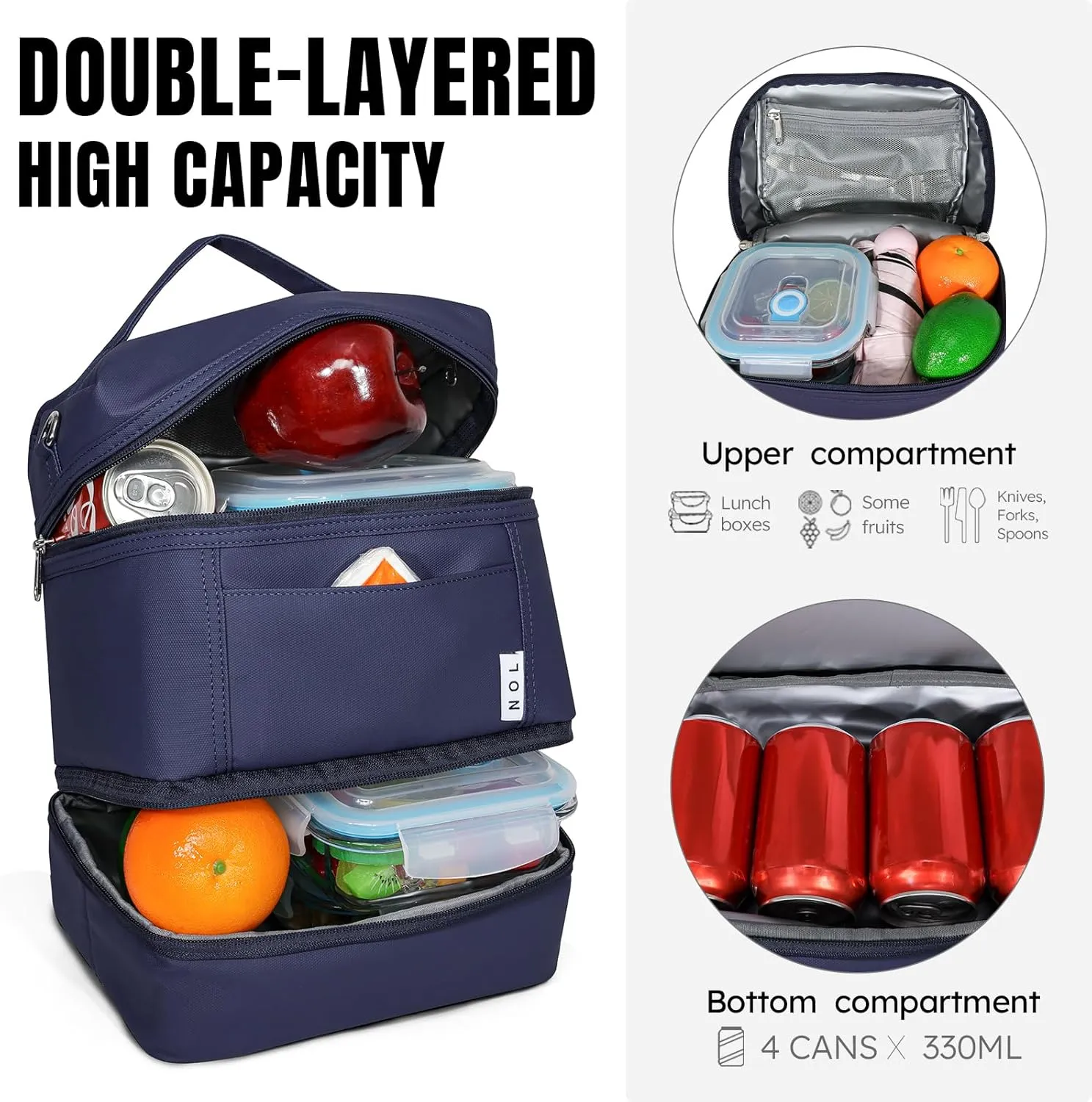 NOL Natural Organic Lifestyle Large Dual Compartment Insulated Lunch Bag for Women/Men Lightweight Nylon Waterproof Lunch Box Leakproof Cooler Tote Bag with Adjustable Shoulder Strap for Work, Navy