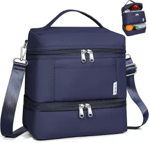 NOL Natural Organic Lifestyle Large Dual Compartment Insulated Lunch Bag for Women/Men Lightweight Nylon Waterproof Lunch Box Leakproof Cooler Tote Bag with Adjustable Shoulder Strap for Work, Navy