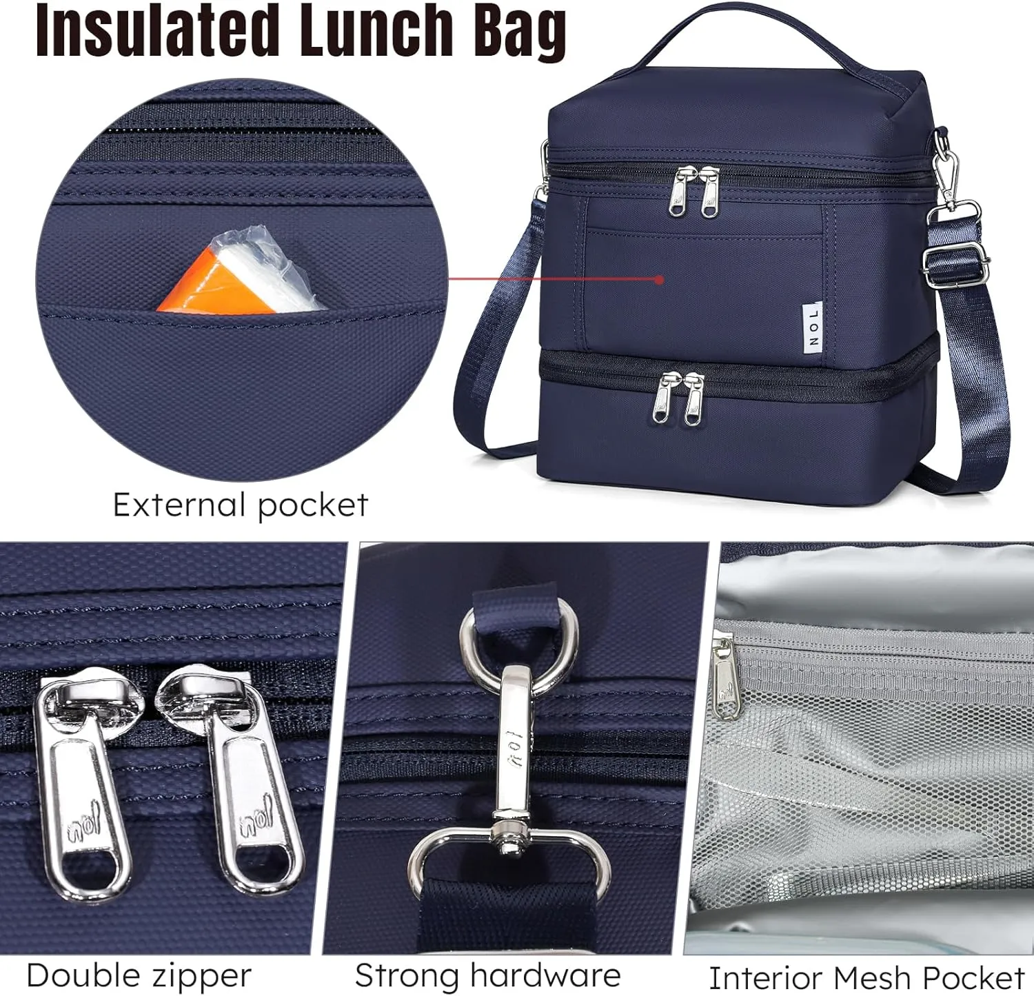 NOL Natural Organic Lifestyle Large Dual Compartment Insulated Lunch Bag for Women/Men Lightweight Nylon Waterproof Lunch Box Leakproof Cooler Tote Bag with Adjustable Shoulder Strap for Work, Navy