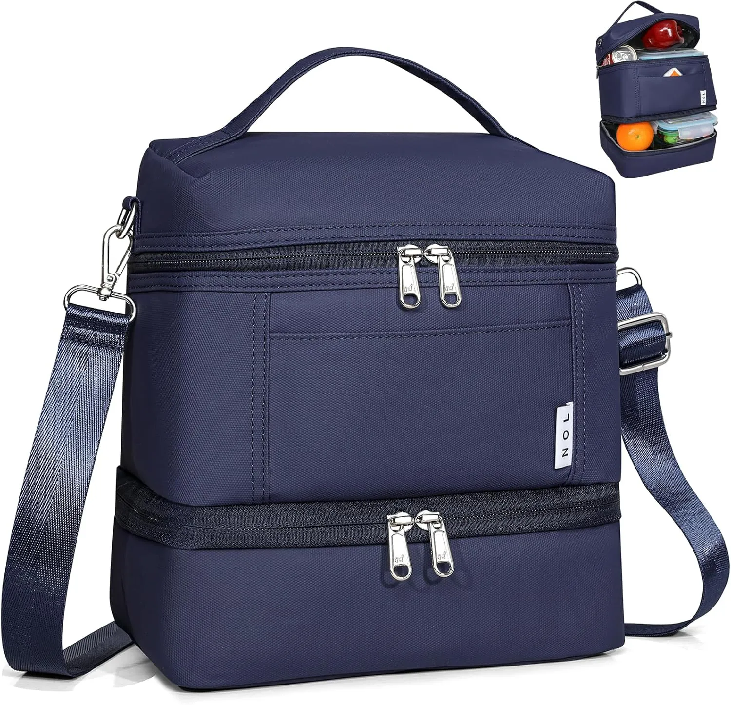 NOL Natural Organic Lifestyle Large Dual Compartment Insulated Lunch Bag for Women/Men Lightweight Nylon Waterproof Lunch Box Leakproof Cooler Tote Bag with Adjustable Shoulder Strap for Work, Navy
