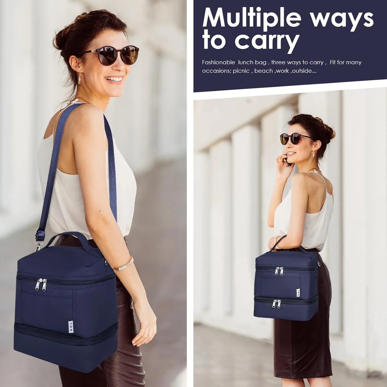 NOL Natural Organic Lifestyle Large Dual Compartment Insulated Lunch Bag for Women/Men Lightweight Nylon Waterproof Lunch Box Leakproof Cooler Tote Bag with Adjustable Shoulder Strap for Work, Navy