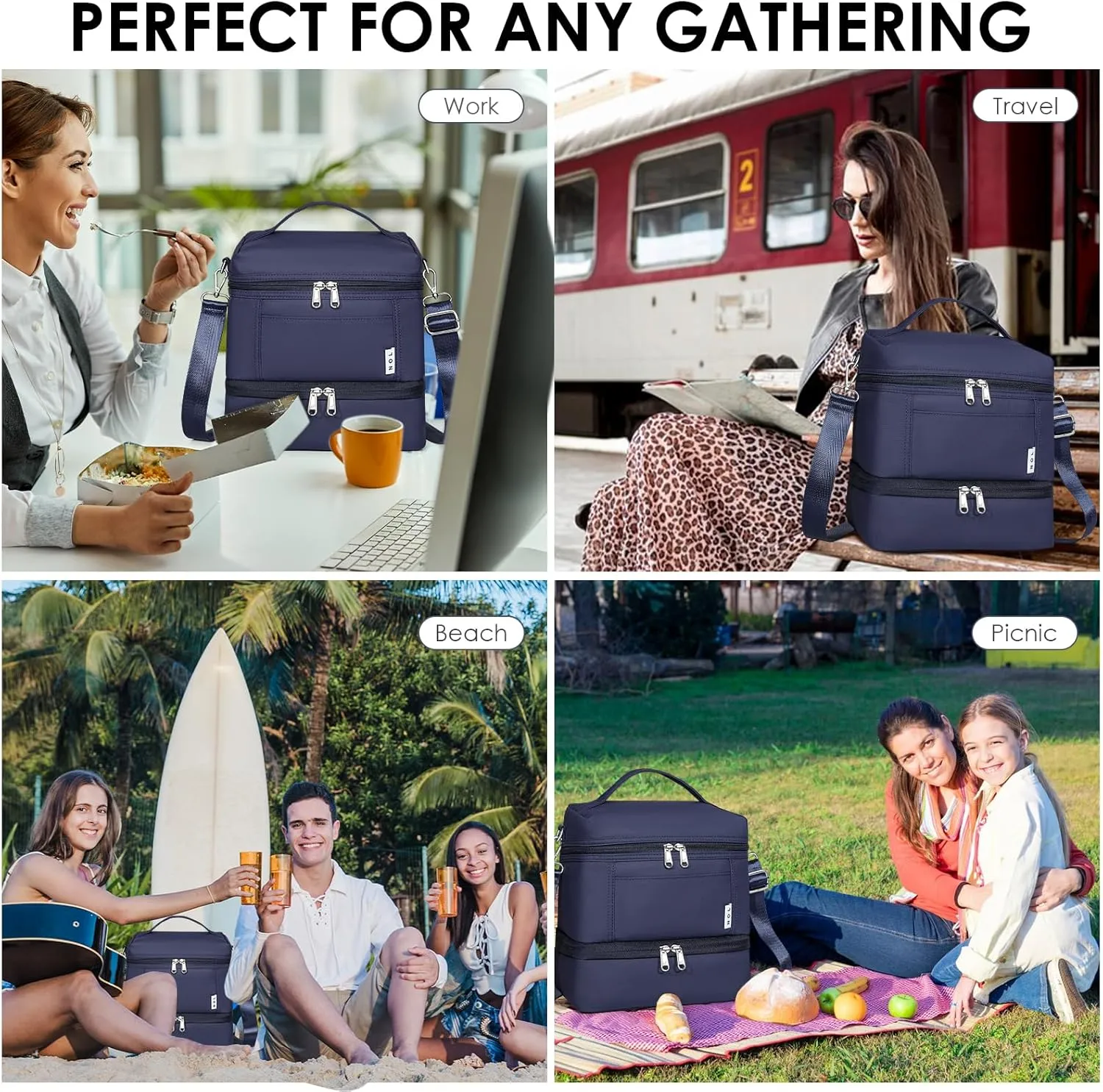 NOL Natural Organic Lifestyle Large Dual Compartment Insulated Lunch Bag for Women/Men Lightweight Nylon Waterproof Lunch Box Leakproof Cooler Tote Bag with Adjustable Shoulder Strap for Work, Navy