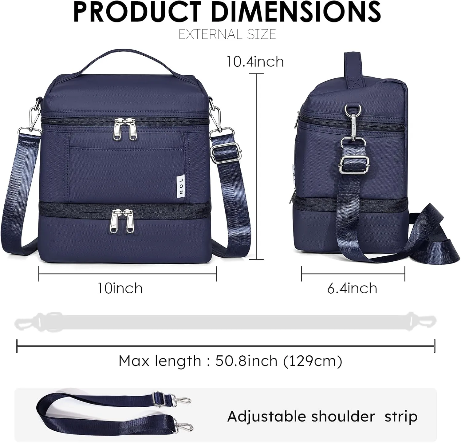 NOL Natural Organic Lifestyle Large Dual Compartment Insulated Lunch Bag for Women/Men Lightweight Nylon Waterproof Lunch Box Leakproof Cooler Tote Bag with Adjustable Shoulder Strap for Work, Navy