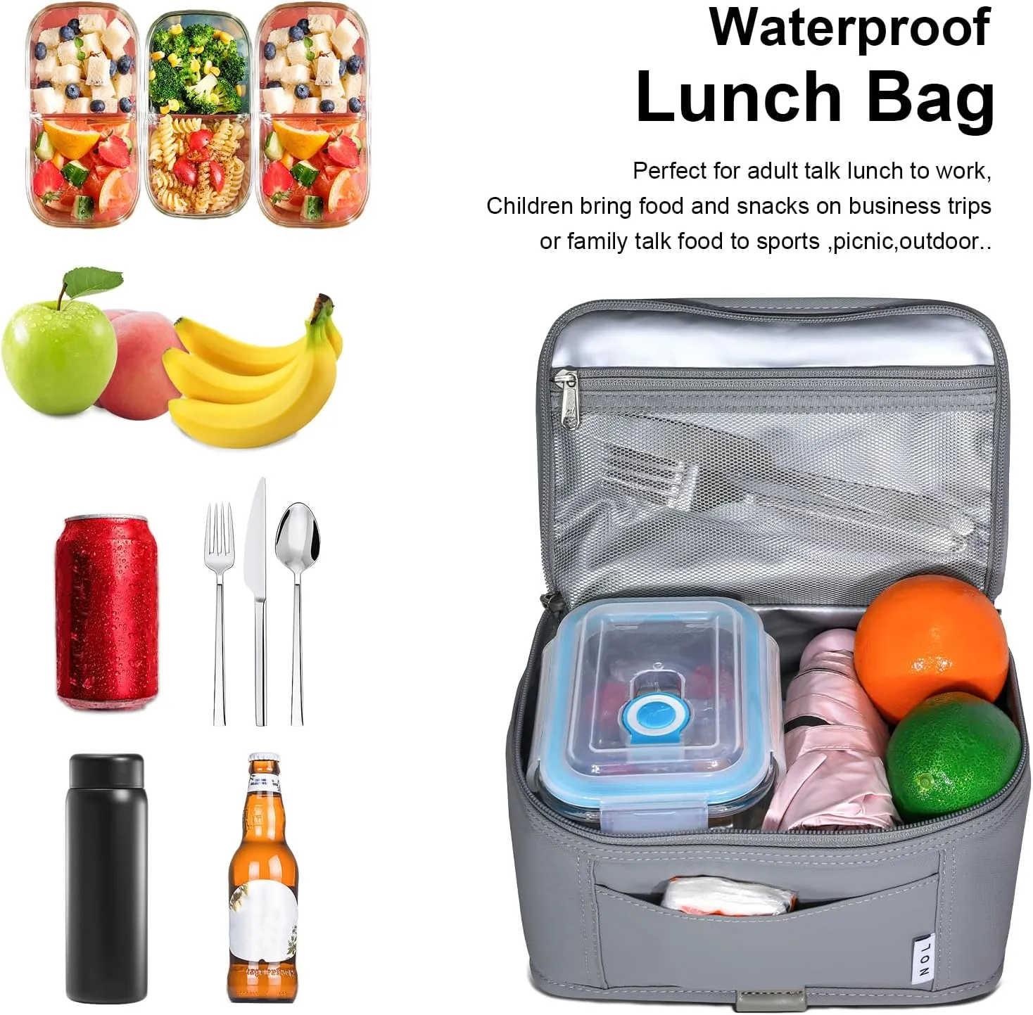 NOL Natural Organic Lifestyle Small Lunch Bag Mini Lunch Box Insulated Lunch Bag for Men/Women Leakproof Cooler Tote Bag Lightweight Nylon Waterproof Lunch Box For Work,Light gray
