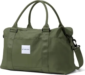 (Not Made In China) Travel Duffel Bag For Women, Waterproof Gym Tote, Overnight Weekender and Personal Item Bag, Carry On Duffle With Shoulder Strap and Luggage Trolley Sleeve (Olive Green)