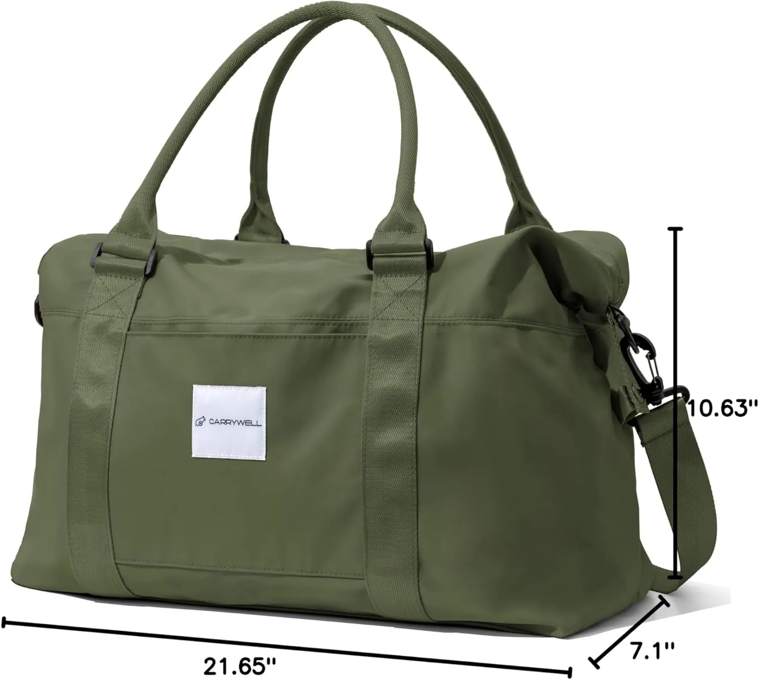(Not Made In China) Travel Duffel Bag For Women, Waterproof Gym Tote, Overnight Weekender and Personal Item Bag, Carry On Duffle With Shoulder Strap and Luggage Trolley Sleeve (Olive Green)